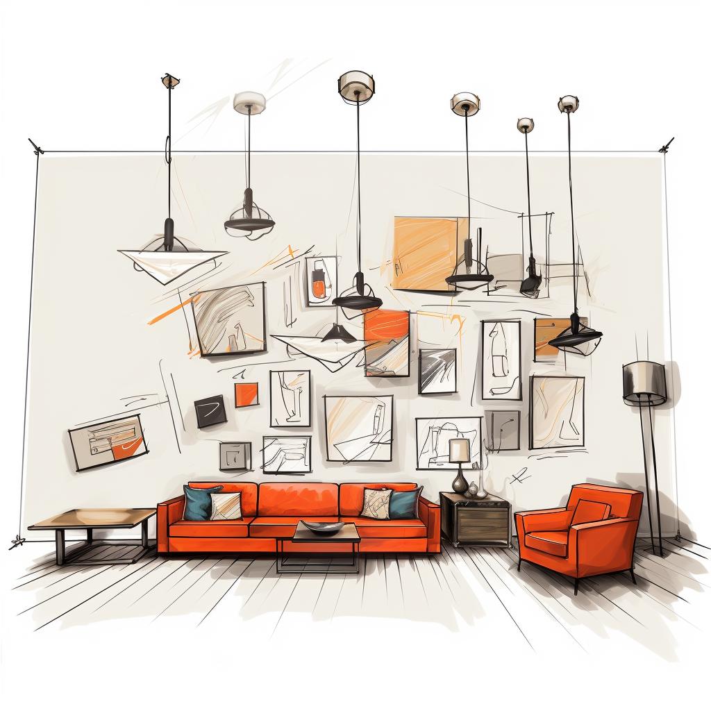 A sketch of a large living room wall with marked decor placements