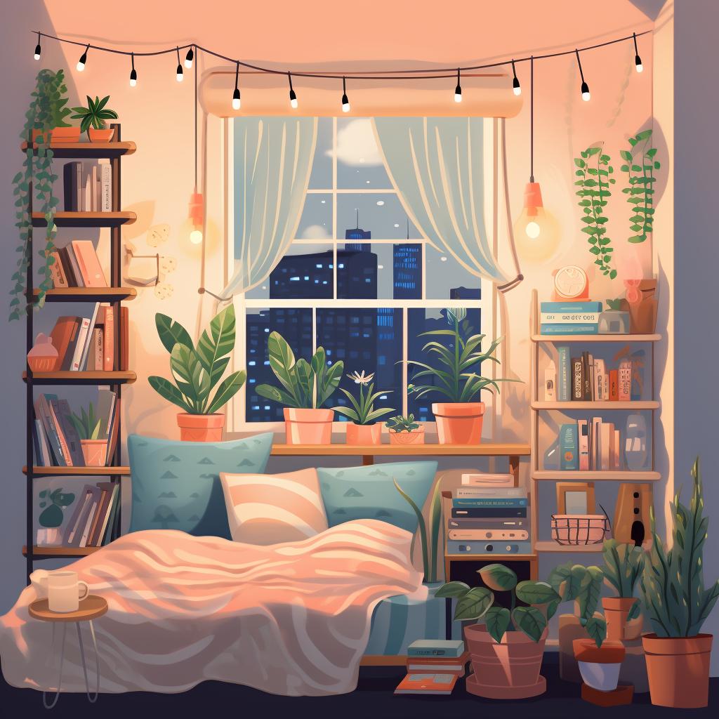 A cozy teen girl's room with fairy lights and potted plants.