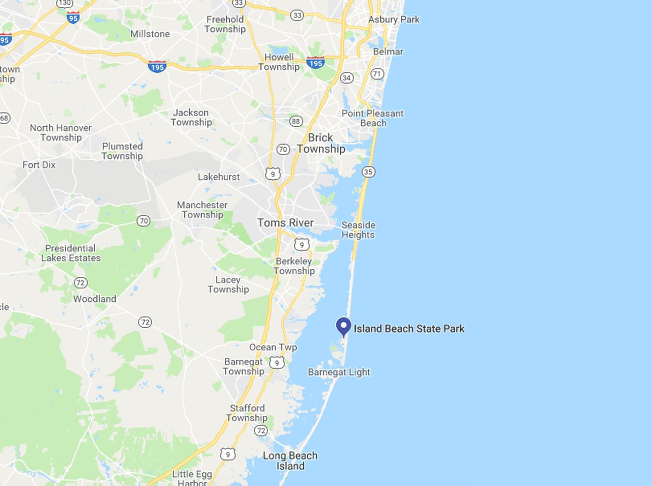 Map of New Jersey highlighting popular beach towns along the Jersey Shore
