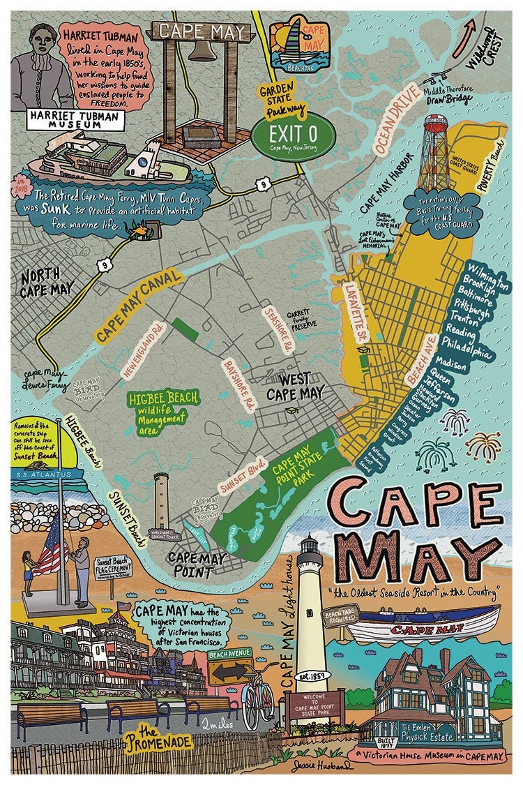 Map of New Jersey highlighting popular beach towns along the Jersey Shore