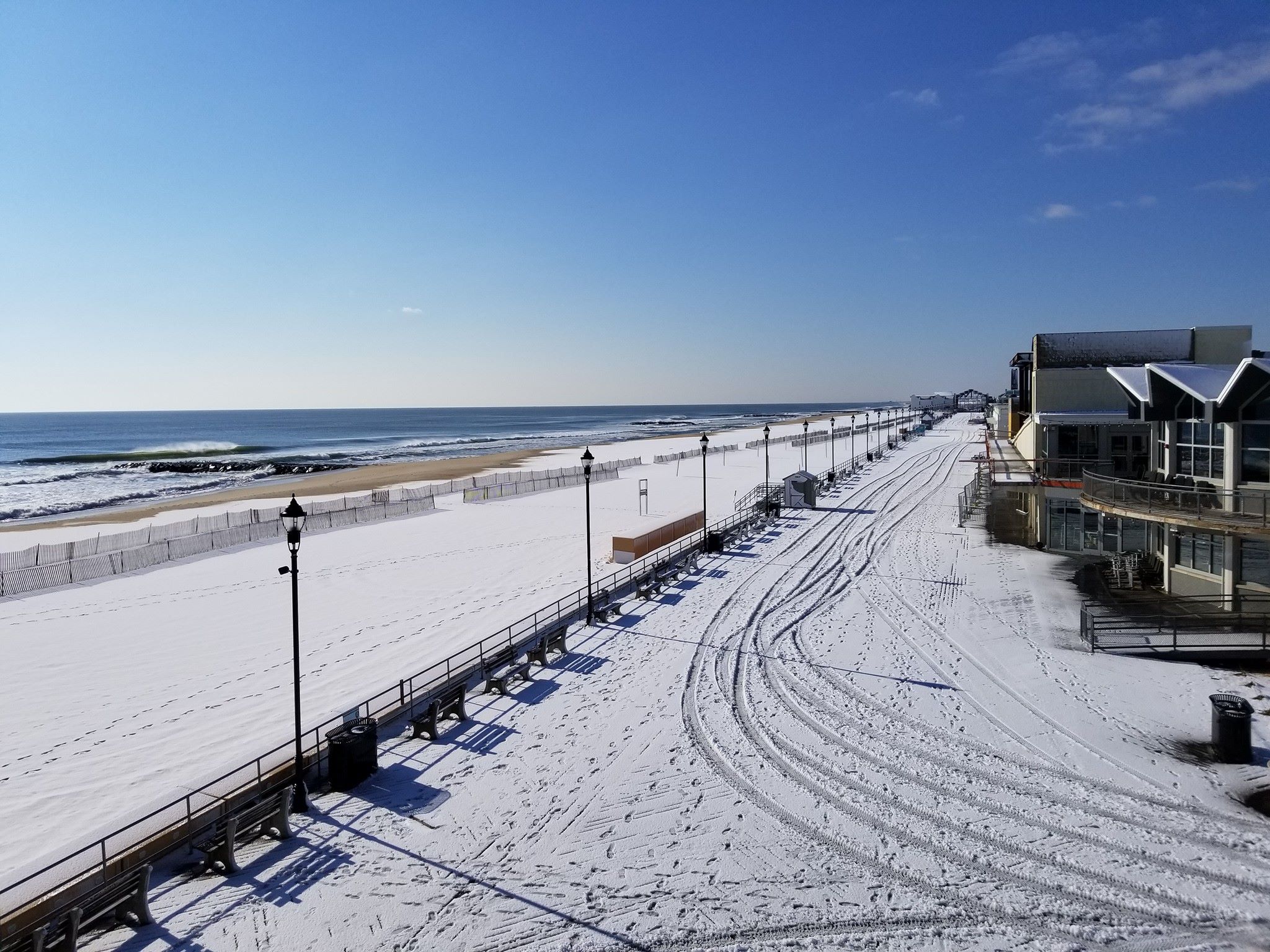 Snow-covered beach on the Jersey Shore during winter
